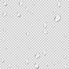 Realistic rain water drops transparent background. Reflection clean drop condensation bubble set. Vector illustration