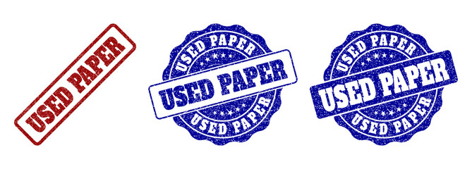 Obraz premium USED PAPER scratched stamp seals in red and blue colors. Vector USED PAPER labels with dirty effect. Graphic elements are rounded rectangles, rosettes, circles and text labels.