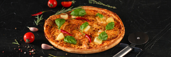 pizza, pineapple, chicken, tomato sauce, cheese, basil (pizza ingredients). Hawaiian pizza. Top view. copy space