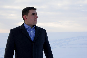 portrait  man winter senses emotions facial expression frozen sea