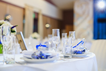 Wedding table setting in the restaurant.