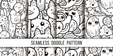 Collection of funny doodle monsters seamless pattern for prints, designs and coloring books