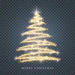 Stylized gold Merry Christmas tree silhouette from shiny circle particles on black transparent background. Vector golden christmas fir illustration eps10