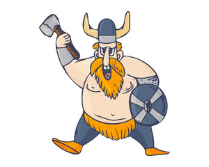 Cartoon styled illustration: Viking warrior with helmet, shield and axe. Funny angry scandinavian nordic viking man character isolated.