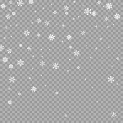 Realistic falling white snow overlay on transparent background. Snowflakes storm layer. Snow pattern for design. Snowfall backdrop texture. Vector illustration