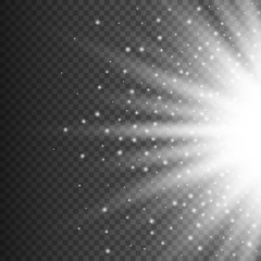 Realistic transparent yellow sun rays, warm orange flare effect isolated on checkered background. Sunshine from star, sunbeam bright illustration