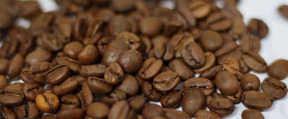 Many coffee beans roasted  macro pattern isolated background