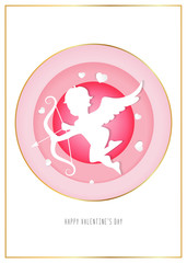 Cupid with arrow and hearts  in paper cut  craft style. St. Valentine’s Day design for greeting card, advertising. Vector Illustration. .