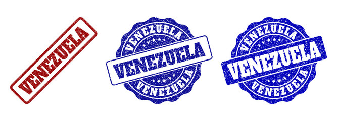 VENEZUELA grunge stamp seals in red and blue colors. Vector VENEZUELA labels with grunge texture. Graphic elements are rounded rectangles, rosettes, circles and text labels.