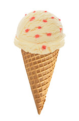 Vanilla ice cream scoop with strawberry pieces in waffle cone isolated on white background