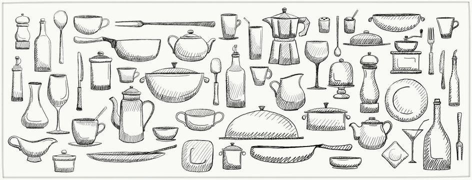 Graphic Doodle Set Of Kitchen Utensils And Tableware