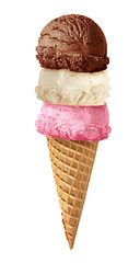 Strawberry, chocolate and Vanilla ice cream scoops on cone isolated on white background