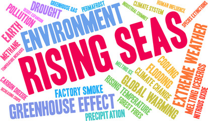 Rising Seas Word Cloud on a white background. 