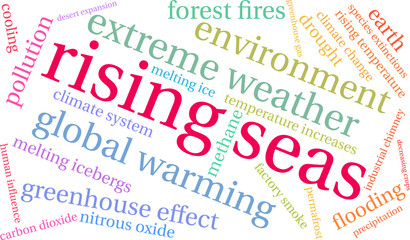 Rising Seas Word Cloud on a white background. 