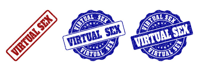 VIRTUAL SEX grunge stamp seals in red and blue colors. Vector VIRTUAL SEX watermarks with grunge style. Graphic elements are rounded rectangles, rosettes, circles and text tags.
