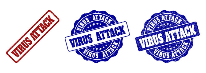 VIRUS ATTACK scratched stamp seals in red and blue colors. Vector VIRUS ATTACK watermarks with grainy surface. Graphic elements are rounded rectangles, rosettes, circles and text tags.