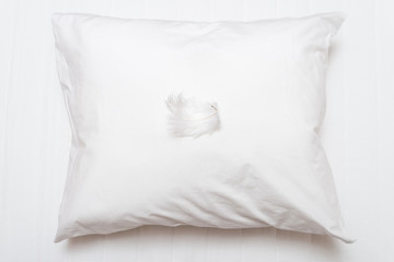 Fototapeta na wymiar White feather on soft pillow