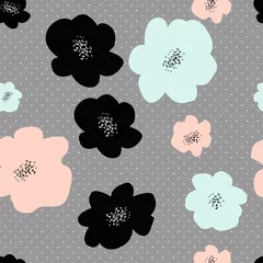 Foto auf Acrylglas Seamless repeat pattern with abstract colors on grey polka dot background. Hand drawn fabric, gift wrap, wall art design. © glu_51