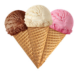 Strawberry, chocolate and Vanilla ice cream scoops on cone isolated on white background