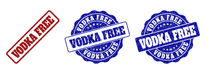 VODKA FREE grunge stamp seals in red and blue colors. Vector VODKA FREE marks with grunge texture. Graphic elements are rounded rectangles, rosettes, circles and text labels.