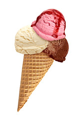 Strawberry, chocolate and Vanilla ice cream scoops with sauce or syrup on cone isolated on white background