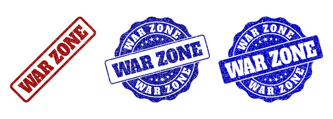 WAR ZONE grunge stamp seals in red and blue colors. Vector WAR ZONE signs with grunge effect. Graphic elements are rounded rectangles, rosettes, circles and text titles.