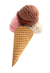 Strawberry, chocolate and Vanilla ice cream scoops on cone isolated on white background