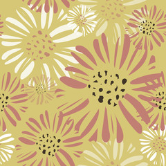 Abstract daisies seamless vector pattern. All over floral print. Warm color palette of gold yellow, rose pink and white. For fashion, home decor, textiles, invitations, wallpaper, backdrops, wedding.
