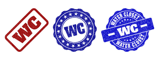 WC grunge stamp seals in red and blue colors. Vector WC watermarks with grunge effect. Graphic elements are rounded rectangles, rosettes, circles and text titles. Designed for rubber stamp imitations.