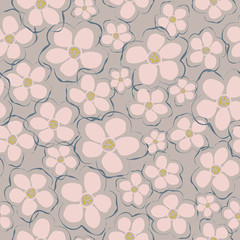 Pretty pink flower blossoms on warm gray background create a subtle floral texture. This feminine seamless vector pattern is great for textile, fashion, sleepwear, stationery, invitations and decor.