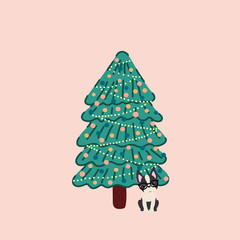 Vector of a decorated Christmas tree and with a Boston Terrier breed dog next to it.