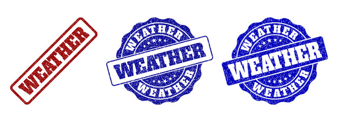 WEATHER grunge stamp seals in red and blue colors. Vector WEATHER watermarks with grunge style. Graphic elements are rounded rectangles, rosettes, circles and text captions.