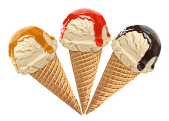vanilla Ice creams scoops with sauce or sherbet on cone isolated on white background