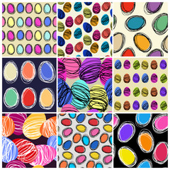 Set of seamless vector patterns with hand drawing eggs. Easter holiday background of doodle holiday symbol.