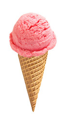strawberry ice cream scoop on cone isolated on white background
