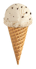 Vanilla ice cream scoop with chocolate parts or pieces in waffle cone isolated on white background