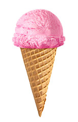 strawberry ice cream scoop on cone isolated on white background
