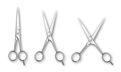 Vector 3d Realistic Metal Closed and Opened Stationery Scissors with Metal Handles Icon Set Closeup Isolated on White Background. Design Template of Classic Scissors for Graphics, Mockup. Top View