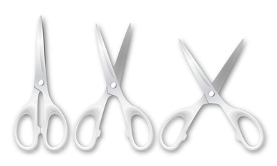 Vector 3d Realistic Metal Closed and Opened Stationery Scissors with Plastic Handles Icon Set Closeup Isolated on White Background. Design Template of Classic Scissors for Graphics, Mockup. Top View