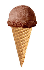 Chocolate ice cream scoop in waffle cone isolated on white background