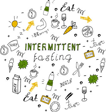 Doodle Style Intermittent Fasting Diet Lettering. Hand Drawn Illustration.