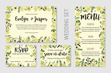 Wedding invite, invitation menu rsvp thank you card vector floral greenery design. Forest leaf, fern, branches, buxus, eucalyptus. Flowers of white lily, gerbera, dahliaer