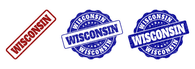 WISCONSIN scratched stamp seals in red and blue colors. Vector WISCONSIN labels with distress texture. Graphic elements are rounded rectangles, rosettes, circles and text labels.