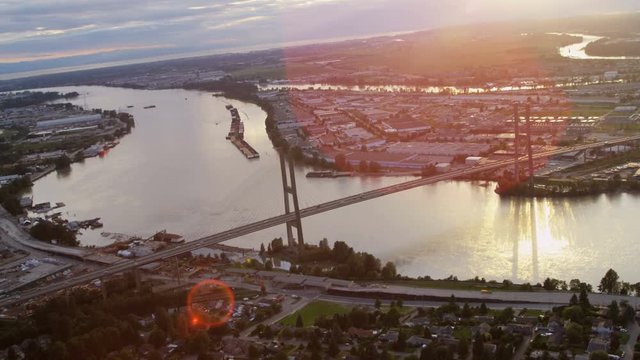 Aerial above view Fraser River Bridge cabled stayed bridge over Fraser River North Delta Vancouver BC Canada 
