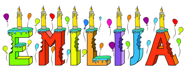 Emilija female first name bitten colorful 3d lettering birthday cake with candles and balloons