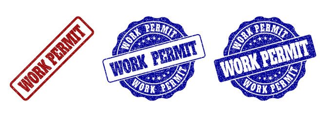 WORK PERMIT grunge stamp seals in red and blue colors. Vector WORK PERMIT imprints with grainy surface. Graphic elements are rounded rectangles, rosettes, circles and text labels.