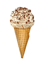 Vanilla ice cream scoop with chocolate parts or pieces in waffle cone isolated on white background
