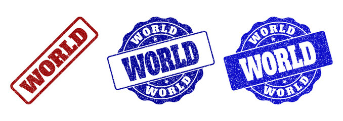 WORLD scratched stamp seals in red and blue colors. Vector WORLD overlays with draft style. Graphic elements are rounded rectangles, rosettes, circles and text titles.