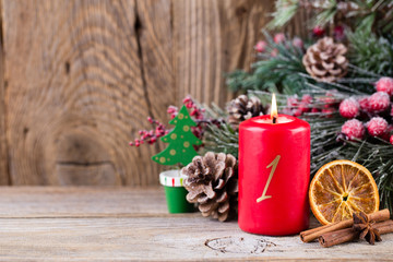 Christmas greeting card. Festive decoration on wooden background. New Year concept. Copy space.  Flat lay. Top view.