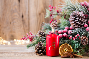 Christmas greeting card. Festive decoration on wooden background. New Year concept. Copy space.  Flat lay. Top view.